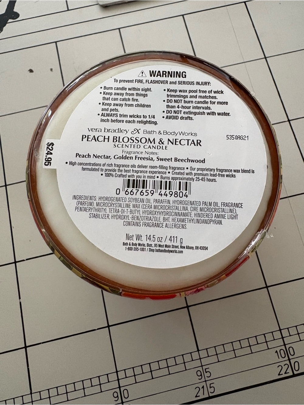 Bath & Body Works/Vera Bradley collab Peach Blossom & Nectar Candle 14.5 oz new - Picture 2 of 4